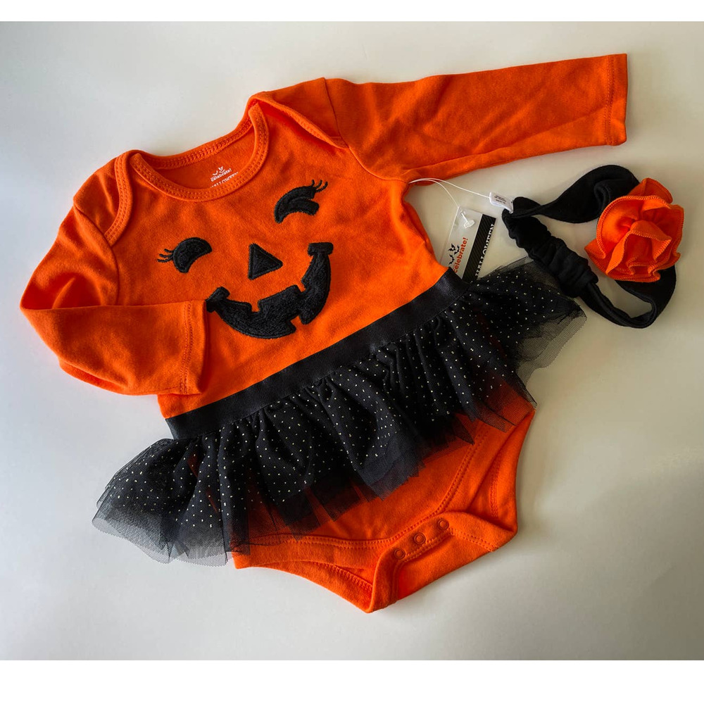 Way To Celebrate Halloween Pumpkin Bodysuit Costume 2 Piece Set 3-6 Months NEW